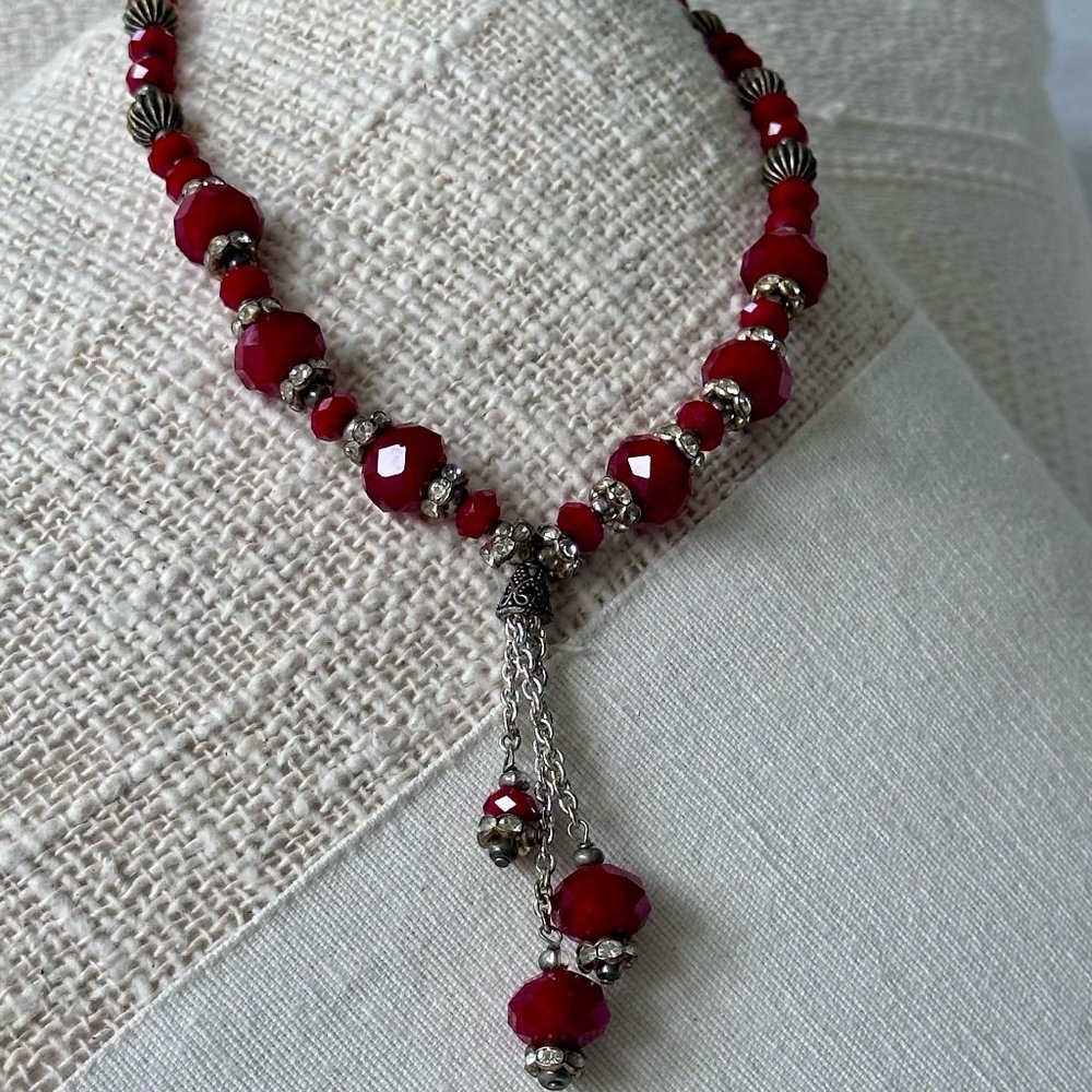 Unique Artisan Necklace - Red Crystal and Silver Delicacy